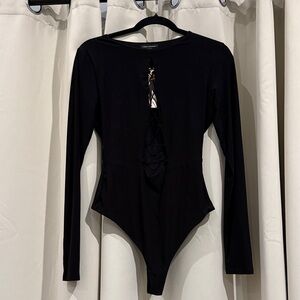 Naked Wardrobe size L Black Long Sleeve Bodysuit with Lace-Up Detail